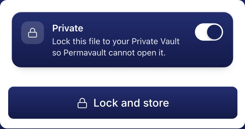 The Private switch turned on for a chosen file, and the Lock and store button