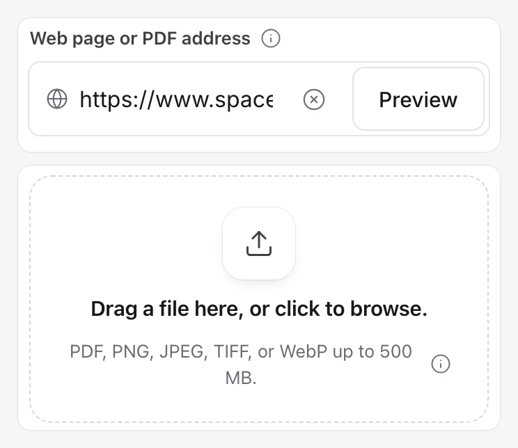 A page address pasted into Permavault, with the Preview button, and the box for choosing a file
