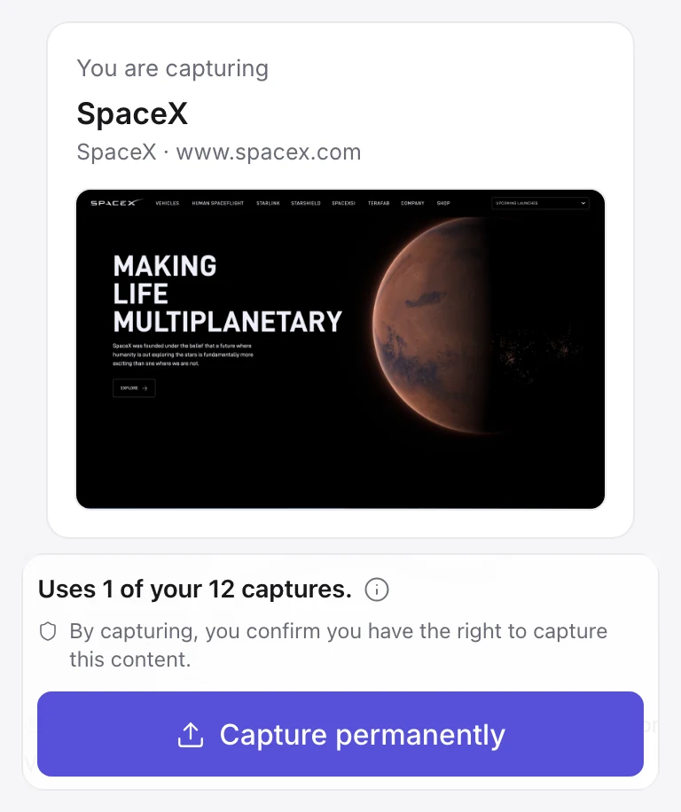 The preview of the page about to be captured, and the button to capture it permanently using one of your captures