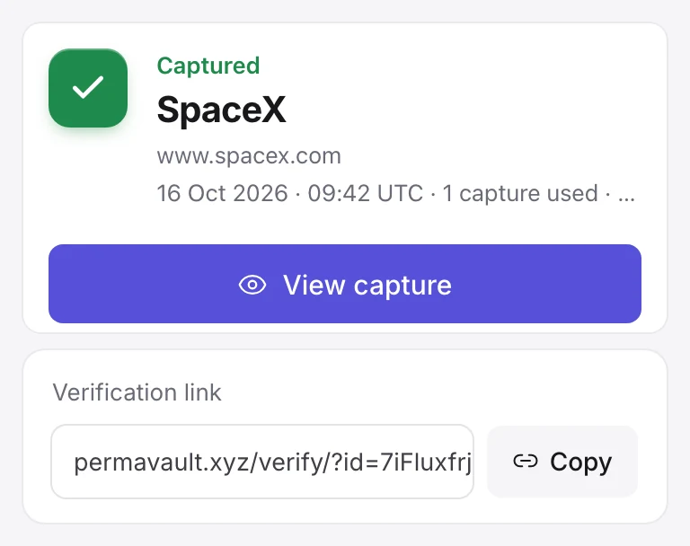 The page captured permanently, with View capture and its verification link ready to copy